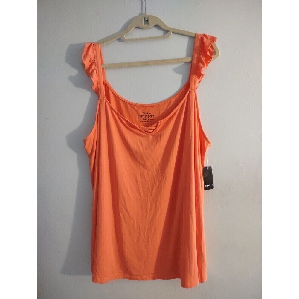 Torrid Super Soft Knit Tank Sz 28 Coral Ruffle Straps Cross Lacing At V Inset 5